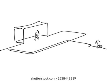 Penalty kick in football depicted in continuous one line drawing. Sport activity concept emphasizing the pressure and skill of the game.