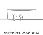 Penalty kick in football illustrated in continuous one line drawing. Sport activity concept representing a critical moment in a match.