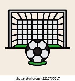 Penalty kick icon with goal in soccer match with green grass