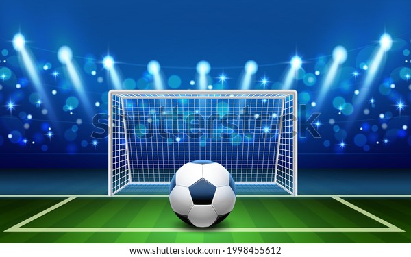 Penalty kick. Realistic soccer ball lying on\
grass front empty football goal, goalkeeper place, sport stadium\
with markup, lights on playground. Professional championship vector\
concept