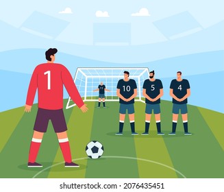 Penalty kick of soccer player on field of stadium. Male goalkeeper and team of defenders defending gate from pitch and ball hit flat vector illustration. Penalty shot, football match, league concept