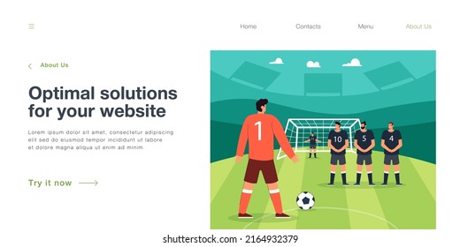 Penalty kick of soccer player on field of stadium. Male goalkeeper and team of defenders defending gate from pitch and ball hit flat vector illustration. Penalty shot, football match, league concept