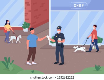 Penalty For Not Wearing Mask Flat Color Vector Illustration. Quarantine Regulation. Public Safety During Pandemic. Police Officer With Civilian Man 2D Cartoon Characters With Cityscape On Background