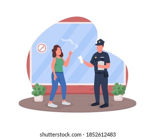 Penalty for smoking 2D vector web banner, poster. Police officer with woman smoker flat characters on cartoon background. Legal regulation in public printable patch, colorful web element