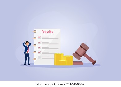 Penalty vector concept. Stressful businessman with penalty list and justice gavel