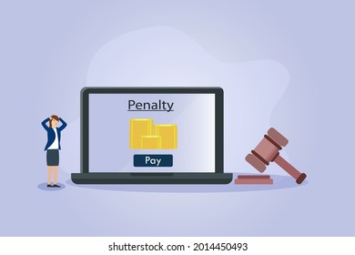 Penalty vector concept. Stressful businesswoman looking at punishment to pay penalty on the laptop computer