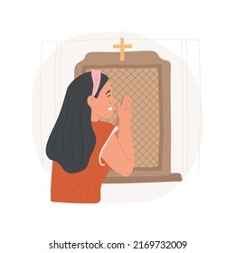 Penance isolated cartoon vector illustration. Woman penancing in the Confession booth, making Catholic observances and practices, religious Holy days, salvation sacraments vector cartoon.