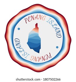 Penang Island badge. Map of the island with beautiful geometric waves and vibrant red blue frame. Vivid round Penang logo. Vector illustration.