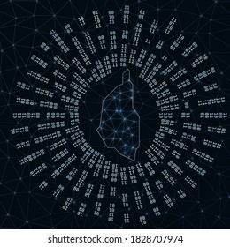 Mapa digital de la isla Penang. Los rayos binarios irradian alrededor de la brillante isla. Conexión a Internet y diseño de intercambio de datos. Ilustración de vectores.