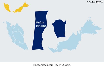 Penang Island Malaysia Map with Flag - Penang State, George Town UNESCO Site and Straits of Malacca Vector Outline.earth