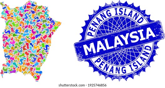 Penang Island map vector image. Spot mosaic map and corroded watermark for Penang Island. Sharp rosette blue stamp with tag for Penang Island map.