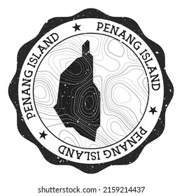 Penang Island outdoor stamp. Round sticker with map with topographic isolines. Vector illustration. Can be used as insignia, logotype, label, sticker or badge of the Penang Island.