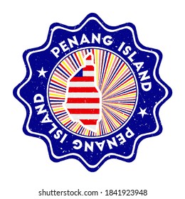 Penang Island round grunge stamp with island map and country flag. Vintage badge with circular text and stars, vector illustration.