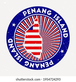 Penang Island round stamp. Logo of island with flag. Vintage badge with circular text and stars, vector illustration.