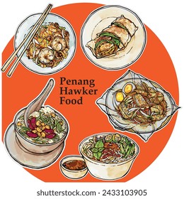 Penang popular hawker food illustrations, coloured from hand drawn drawing. Menu, famous food sticker