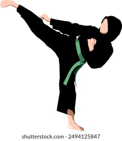 Pencak Silat Hijab Girl with Silat Uniform, Green Belt does Head Side Kick, Vector Art by Kelapa Pariwara