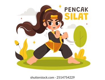 Ilustración vectorial deportiva Pencak Silat con Artistas marciales posando en posturas de lucha tradicionales indonesias, en un fondo de dibujos animados de estilo plano