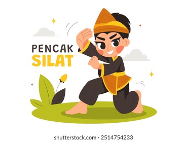 Ilustración vectorial deportiva Pencak Silat con Artistas marciales posando en posturas de lucha tradicionales indonesias, en un fondo de dibujos animados de estilo plano