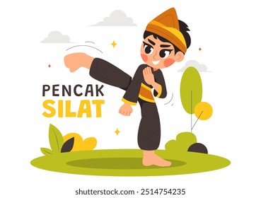 Ilustración vectorial deportiva Pencak Silat con Artistas marciales posando en posturas de lucha tradicionales indonesias, en un fondo de dibujos animados de estilo plano