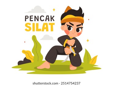 Ilustración vectorial deportiva Pencak Silat con Artistas marciales posando en posturas de lucha tradicionales indonesias, en un fondo de dibujos animados de estilo plano