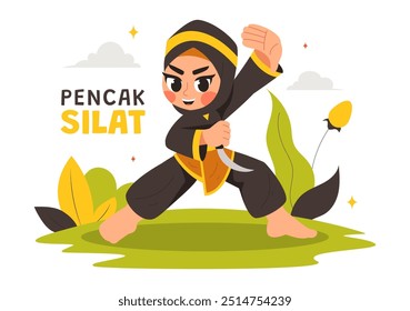 Ilustración vectorial deportiva Pencak Silat con Artistas marciales posando en posturas de lucha tradicionales indonesias, en un fondo de dibujos animados de estilo plano