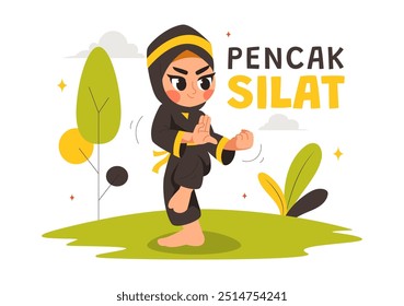 Ilustración vectorial deportiva Pencak Silat con Artistas marciales posando en posturas de lucha tradicionales indonesias, en un fondo de dibujos animados de estilo plano