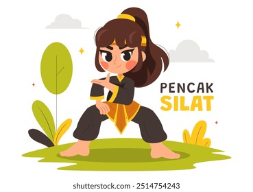 Ilustración vectorial deportiva Pencak Silat con Artistas marciales posando en posturas de lucha tradicionales indonesias, en un fondo de dibujos animados de estilo plano