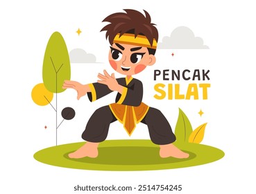 Ilustración vectorial deportiva Pencak Silat con Artistas marciales posando en posturas de lucha tradicionales indonesias, en un fondo de dibujos animados de estilo plano