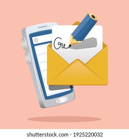 penciil writing on paper half inside envelope in front of a smart phone. create an email icon vector illustration