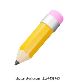 Pencil 3d icon. Yellow pencil with pink eraser. Isolated object on a transparent background