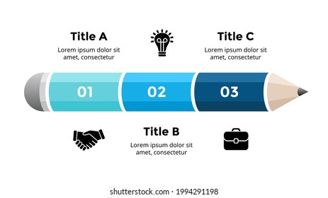 Infografía con lápiz 3D. Concepto educativo. diagrama de 3 pasos. Plantilla de diapositiva del vector. Ilustración creativa colorida. 