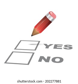 Pencil above check boxes vector illustration. Small red pencil above checkboxes signed yes and no