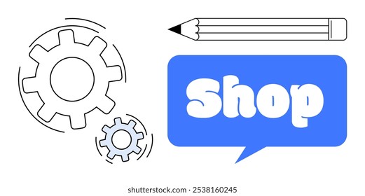 Pencil alongside two gears and a speech bubble with the word Shop in it. Ideal for online stores, business concepts, e-commerce, technology integration, and creative design. Simple flat style