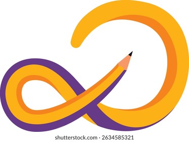 Pencil in alpha shape. Infinity, pencil illustration. Pencil in yellow and purple colors