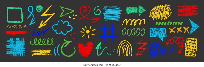 Pencil arrow. Crayon color by hands. Pastel underline. Chalk frame. Check scribbles kids icon. Pen cute drawing. Marker grunge graphic. Blackboard hatching strokes. Vector line sketch textures set