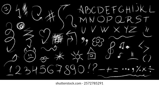 Pencil arrow, underline, handwritten mark check. Letters, numbers, numbers, symbols, arrows Chalk doodle arrow, set of linear elements