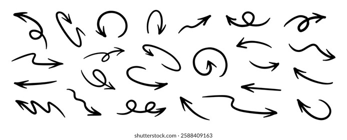 Pencil Arrows Squiggle Vector Set. Chalk Scribble Pointer Shapes Collection. Pen Colorful Hand Drawn Brush Texture Spiral Swirls. Crayon Emphasis Elements Charcoal Doodle Curved Symbols Marker Bundle