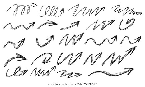 Pencil arrows vector set. Hand drawn freehand different curved lines, swirls arrows. Doodle pencil drawing, black chalk smears. Direction pointers. Scribbles and scrawls.