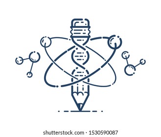 Pencil with atom and DNA strand vector simple linear icon, education and science physics and biotechnology line art symbol, biology research and solutions.