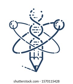 Pencil with atom and DNA strand vector simple linear icon, education and science physics and biotechnology line art symbol, biology research and solutions.