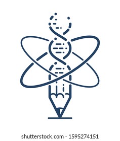 Pencil with atom and DNA strand vector simple linear icon, education and science physics and biotechnology line art symbol, biology research and solutions.