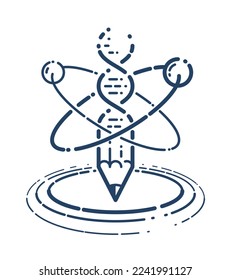 Pencil with atom and DNA strand vector simple linear icon, education and science physics and biotechnology line art symbol, biology research and solutions.