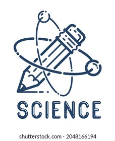 Pencil with atom vector simple linear icon, education and science physics line art symbol, research and solutions.