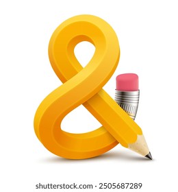 Pencil bent into an ampersand sign with pink eraser and metal clamp. Creatively presented typographic symbol. Vector 3D realistic illustration isolated on white background.