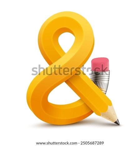 Pencil bent into an ampersand sign with pink eraser and metal clamp. Creatively presented typographic symbol. Vector 3D realistic illustration isolated on white background.