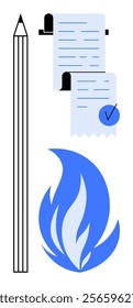 Pencil beside a scroll of notes and a checkmarked paper representing creativity and writing. A blue flame symbolizing inspiration. Ideal for writing, creativity, note-taking, inspiration, education