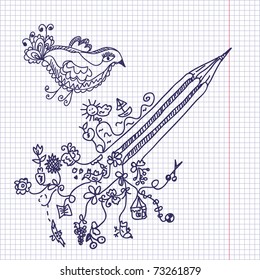 Pencil and bird funny doodle