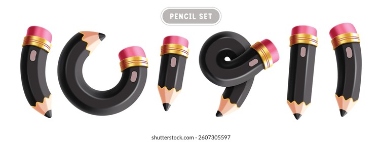 Pencil black elements clipart set. School black 3d pen icon educational and office wood object clip art collection with curved, tie and spiral shape vector illustration.
