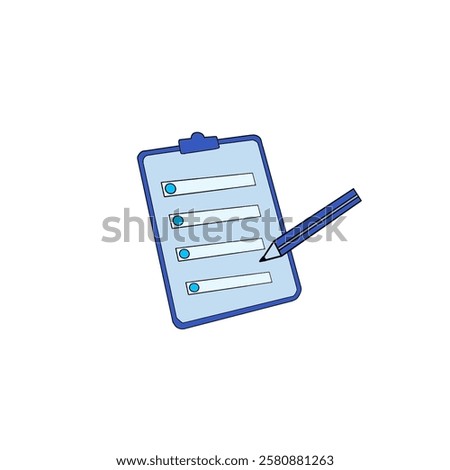 Pencil with  blue circle check marks and pen. Human filling control list on notepad. Concept of Survey, quiz, to-do list or agreement. Vector illustration in flat style