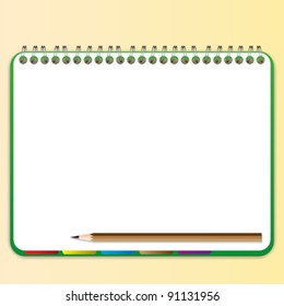 Pencil and bookmark in green notebook.